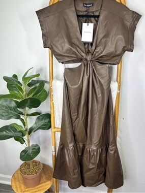 En Saison Brown Faux Leather Tie-Front Midi Dress